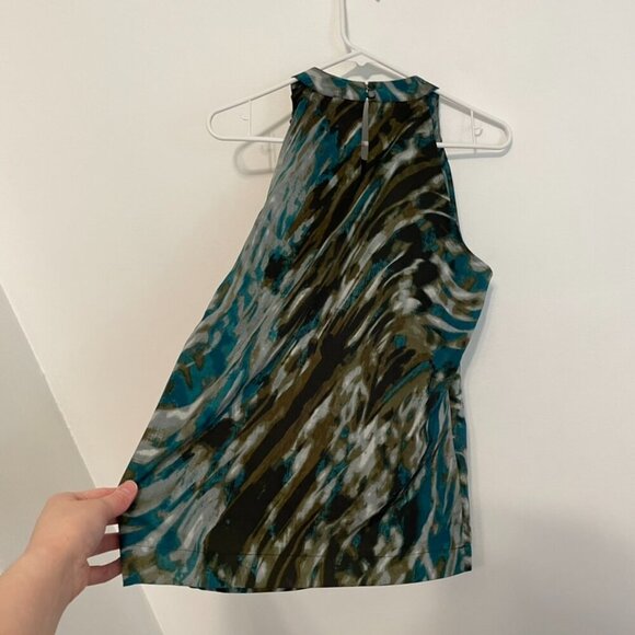 ANN TAYLOR Olive Green Teal Abstract Geometric Geo Halter Sleeveless Tank Blouse - Picture 13 of 13